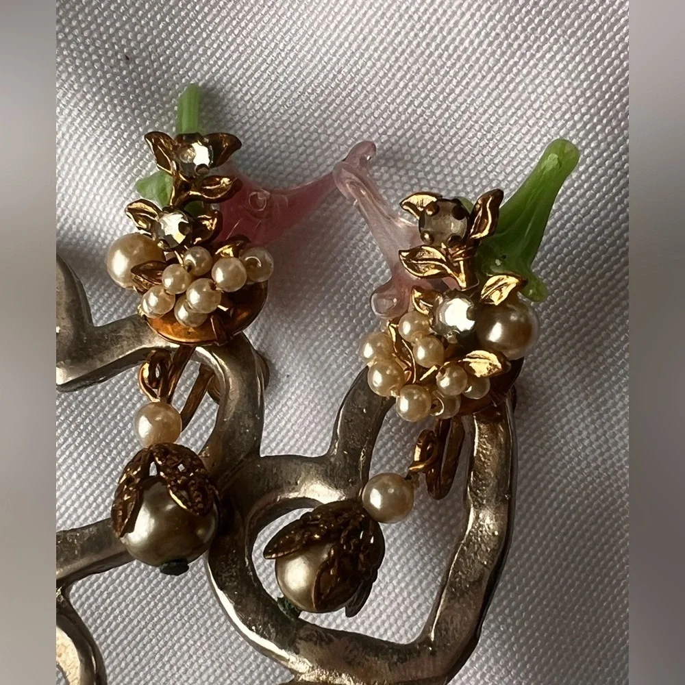 Vintage Rare Early Miriam Haskell Robert Brass Filigree glass leaf Earrings Set